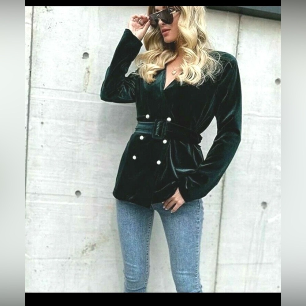 Zara Emerald Green Velvet Pearl Button Oversized Double Breasted Blazer Size XS